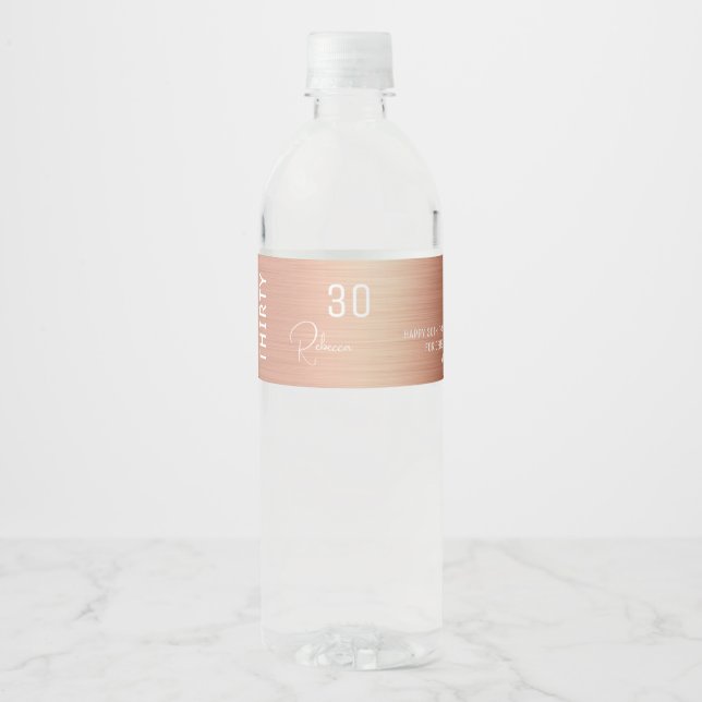 Personalized Girly Rose Gold Foil 30th Birthday  Water Bottle Label (Front)