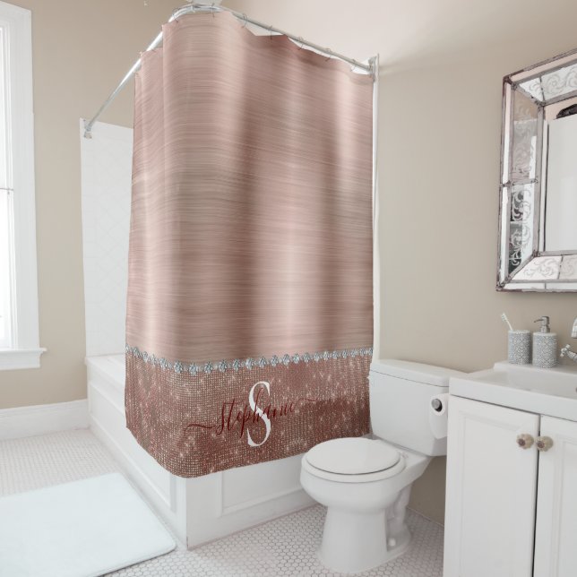 Personalized Girly Rose Gold Glam Diamond Sparkle Shower Curtain (In Situ)