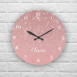 Personalized Girly Rose Gold Glitter Glam Ombre Large Clock