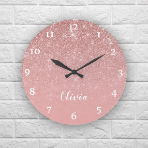Personalized Girly Rose Gold Glitter Glam Ombre Large Clock