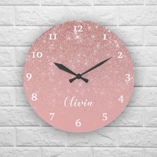 Personalized Girly Rose Gold Glitter Glam Ombre Large Clock