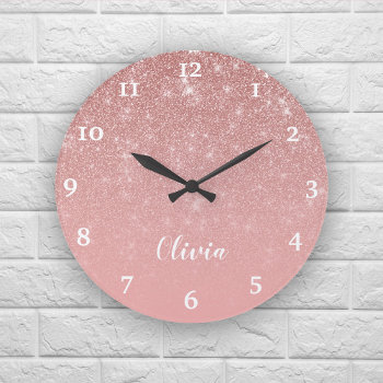 Personalized Girly Rose Gold Glitter Glam Ombre Large Clock by JulieErinDesigns at Zazzle