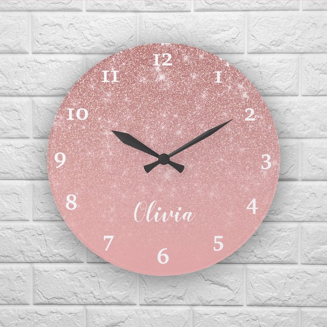 Personalized Girly Rose Gold Glitter Glam Ombre Large Clock (Creator Uploaded)