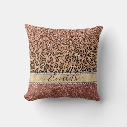 Personalized Girly Rose Gold Glitter Leopard  Name Throw Pillow