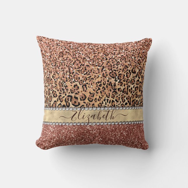 Personalized Girly Rose Gold Glitter Leopard  Name Throw Pillow (Front)