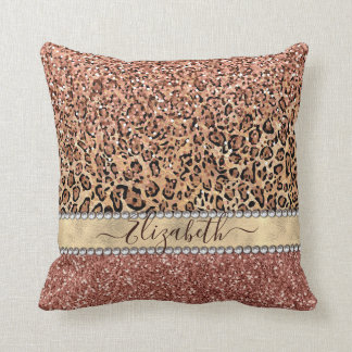 Personalized Girly Rose Gold Glitter Leopard Name Throw Pillow
