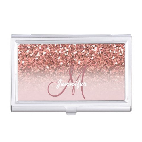 Personalized Girly Rose Gold Glitter Sparkles Name Business Card Case