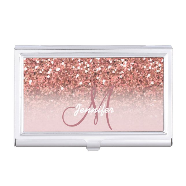 Personalized Girly Rose Gold Glitter Sparkles Name Business Card Case (Front)