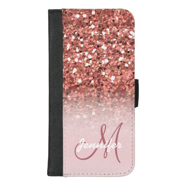 Personalized Girly Rose Gold Glitter Sparkles Name iPhone Wallet Case (Front)