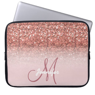 Personalized Girly Rose Gold Glitter Sparkles Name Laptop Sleeve
