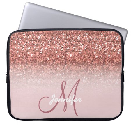 Personalized Girly Rose Gold Glitter Sparkles Name Laptop Sleeve