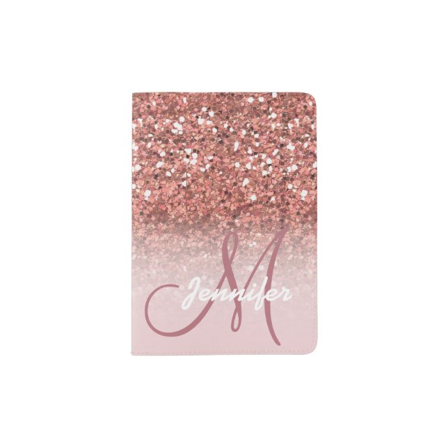 Personalized Girly Rose Gold Glitter Sparkles Name Passport Holder (Front)