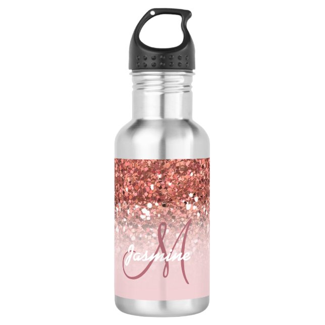 Personalized Girly Rose Gold Glitter Sparkles Name Stainless Steel Water Bottle (Front)