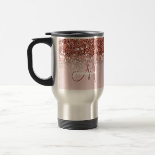 Personalized Girly Rose Gold Glitter Sparkles Name Travel Mug