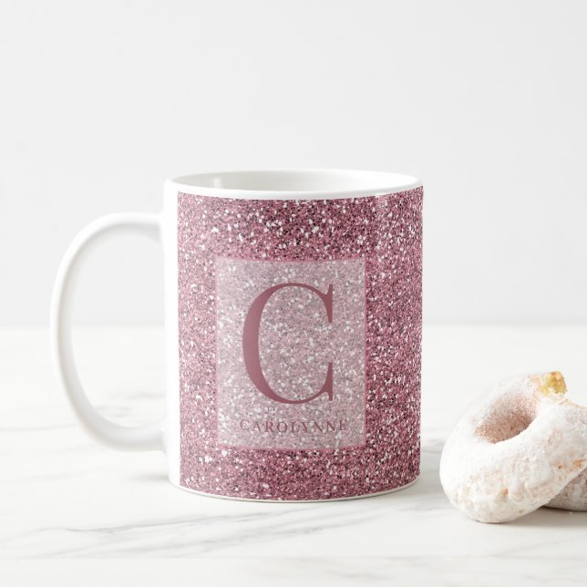 Personalized Girly Rose Gold Pink Glitter Monogram Coffee Mug (With Donut)