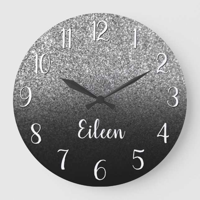Personalized Girly Silver Glitter Black Ombre Large Clock (Front)