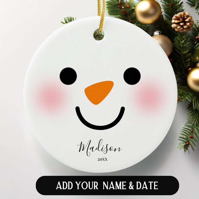 Personalized Girly Snowman Face Christmas  Ceramic Ornament (Creator Uploaded)
