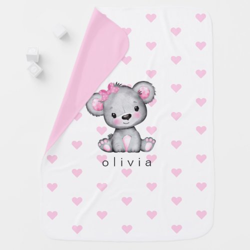 Personalized Girly Teddy Bear Pink Hearts White Baby Blanket