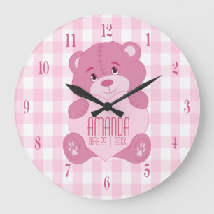 Personalized girly teddy bear with name and date large clock