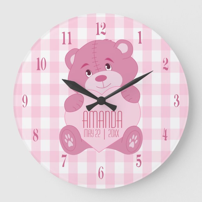 Personalized girly teddy bear with name and date large clock (Front)