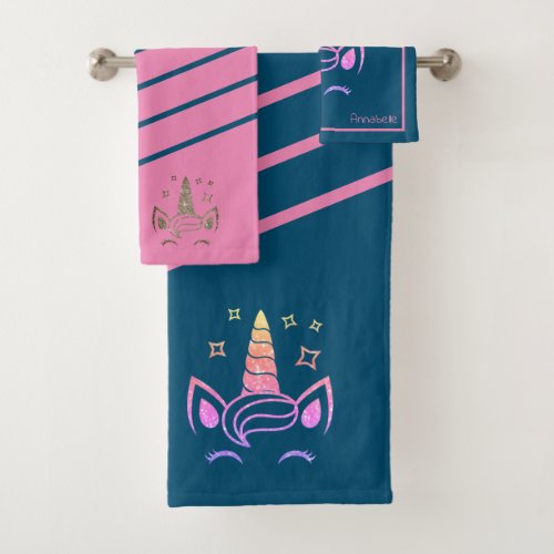 Personalized Girly Unicorn Blue Pink Glitter Bath Towel Set