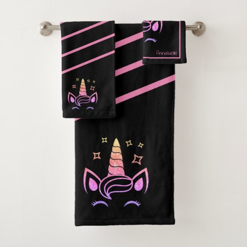 Personalized Girly Unicorn Pink Black Glitter Bath Towel Set