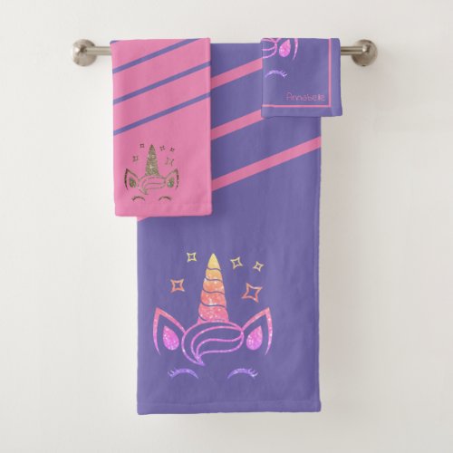 Personalized Girly Unicorn Pink Purple Glitter Bath Towel Set