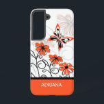 Personalized Girly whimsical butterfly floral Samsung Galaxy S22 Case<br><div class="desc">Striking modern orange black and white whimsical floral butterfly designer phone case that can be personalized with any name you choose to create a unique personalized smartphone case</div>