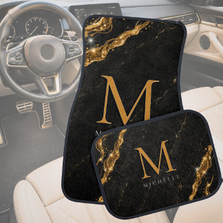 Personalized Glam Black Marble Gold Monogram Car Floor Mat