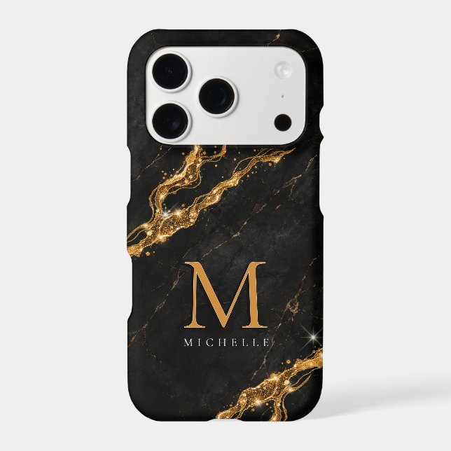  Personalized Glam Black Marble Gold Monogram iPhone Case (Back)