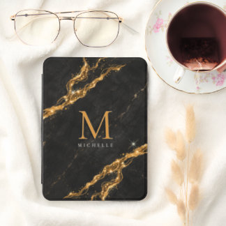  Personalized Glam Black Marble Gold Monogram Kindle Cover