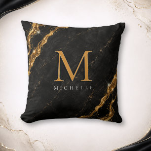 Personalized Glam Black Marble Gold Monogram Throw Pillow