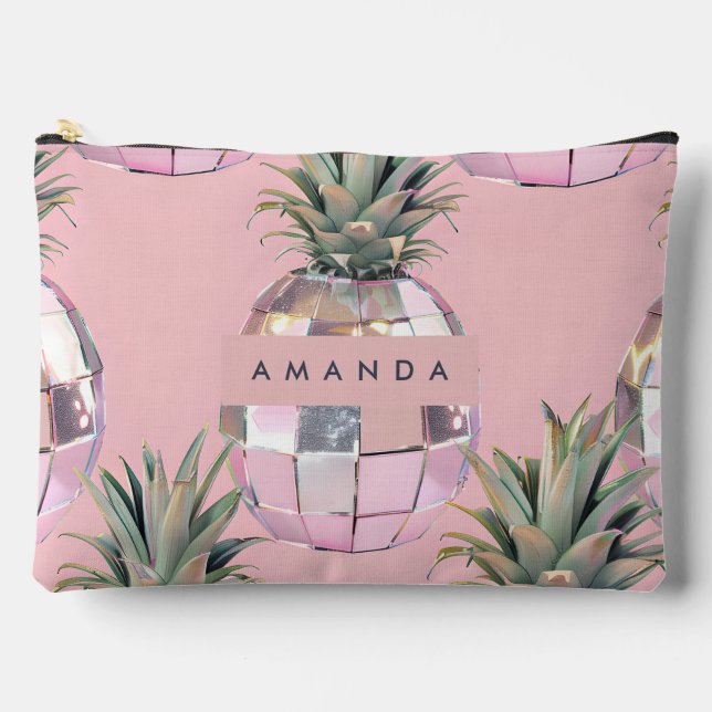Personalized Glam Disco Pineapple Pink Metallic Accessory Pouch (Front)
