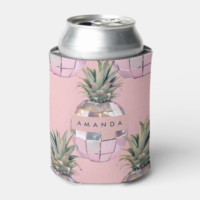 Personalized Glam Disco Pineapple Pink Metallic Can Cooler (Can Front)