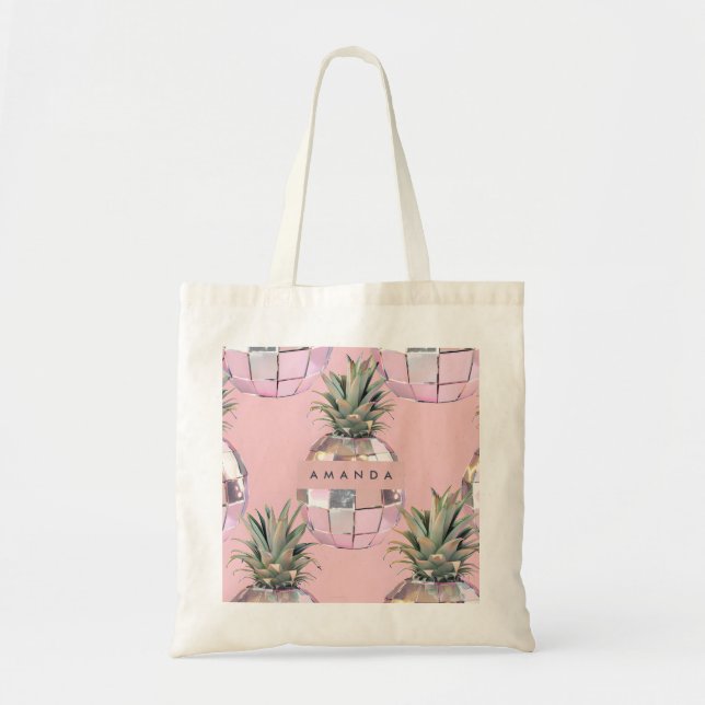 Personalized Glam Disco Pineapple Pink Metallic Tote Bag (Front)
