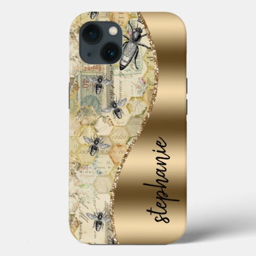 Personalized Glam Gold Vintage Honeybee Pattern iPhone 13 Case