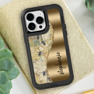 Personalized Glam Gold Vintage Honeybee Pattern OtterBox iPhone 14 Pro Max Case