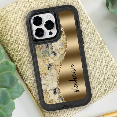 Personalized Glam Gold Vintage Honeybee Pattern OtterBox iPhone 14 Pro Max Case