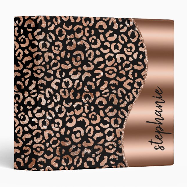 Personalized Glam Leopard Spots Rose Gold Black 3 Ring Binder (Front/Spine)
