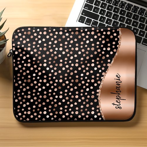 Personalized Glam Paint Spots Rose Gold Black Laptop Sleeve