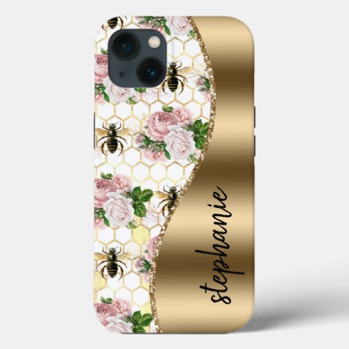 Personalized Glam Pink Gold Floral Bee Pattern iPhone 13 Case