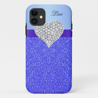 Personalized Glamour Heart Blue Glitter iPhone 11 Case