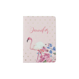 Personalized Glamourous Pink Flamingo with Flowers Passport Holder
