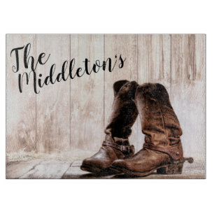 Personalized Glass Cutting boots country rustic we Cutting Board