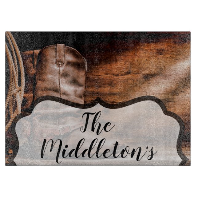Personalized Glass Cutting Cowboy Boots Barn Wood Board (Front)