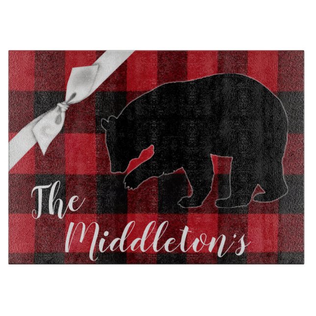 Personalized Glass Cutting Red Buffalo Plaid Bear Board (Front)