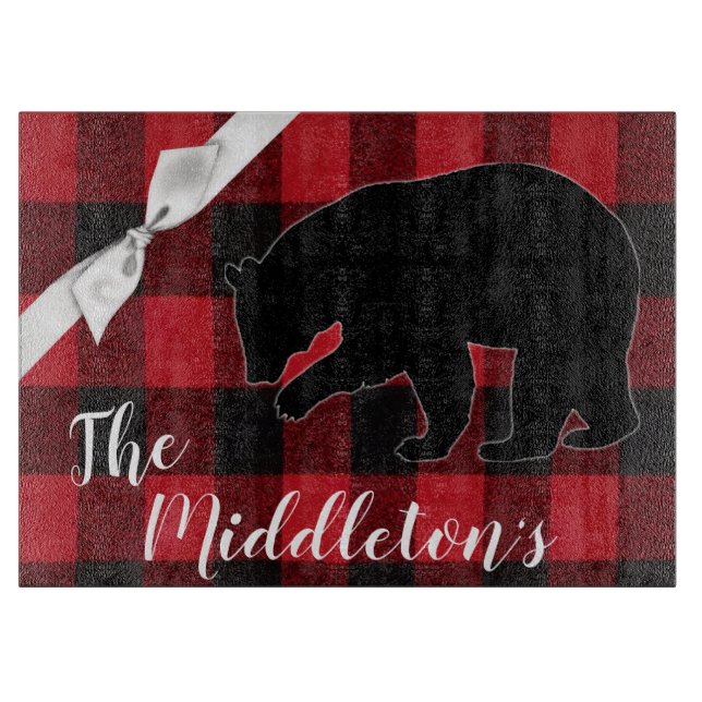 Personalized Glass Cutting Red Buffalo Plaid Bear Cutting Board (Front)