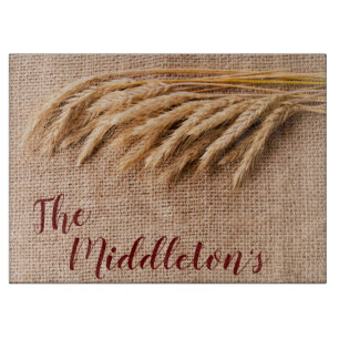Personalized Glass Cutting Wheat on Burlap Sack Co Cutting Board