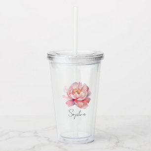 Personalized glass Pink watercolor Peony first nam