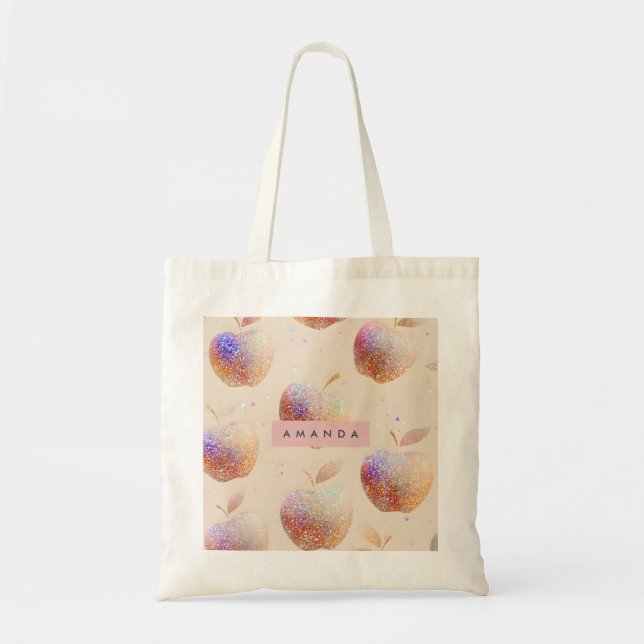 Personalized Glitter Apple Sparkle Fruit Pastel  Tote Bag (Front)
